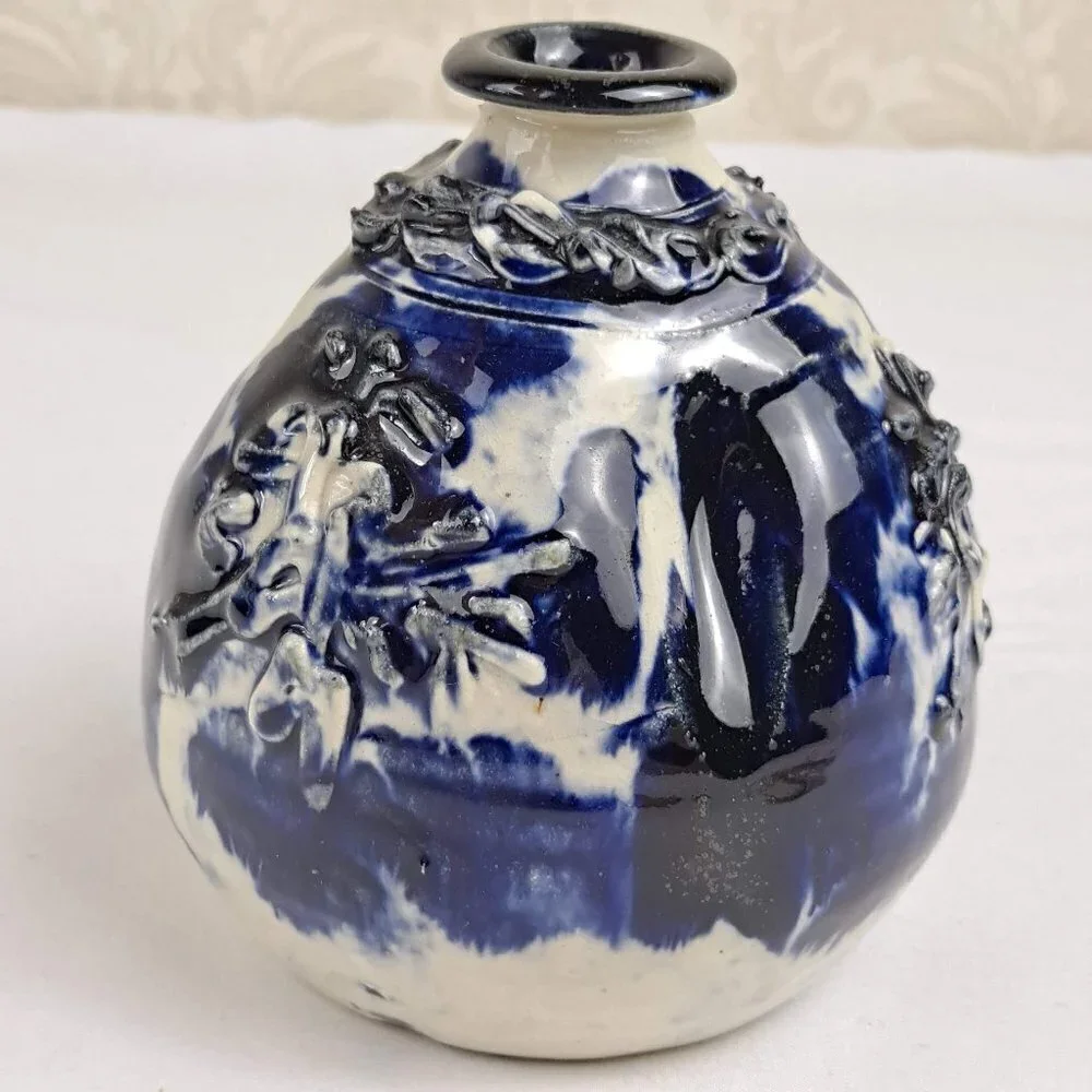 Blue & White Handcrafted Stoneware Pottery Incense Holder/Bud Vase Vintage
